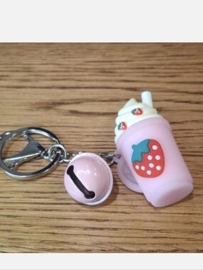Set of 2 Strawberry Milkshake Keychains/Backpack/Bag Charms with Bell